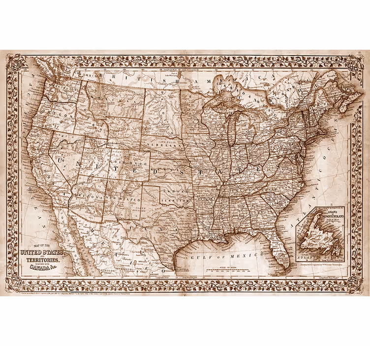 Olohuoneen rullaverho vintage pohjois-amerikan kartta - Tenstickers