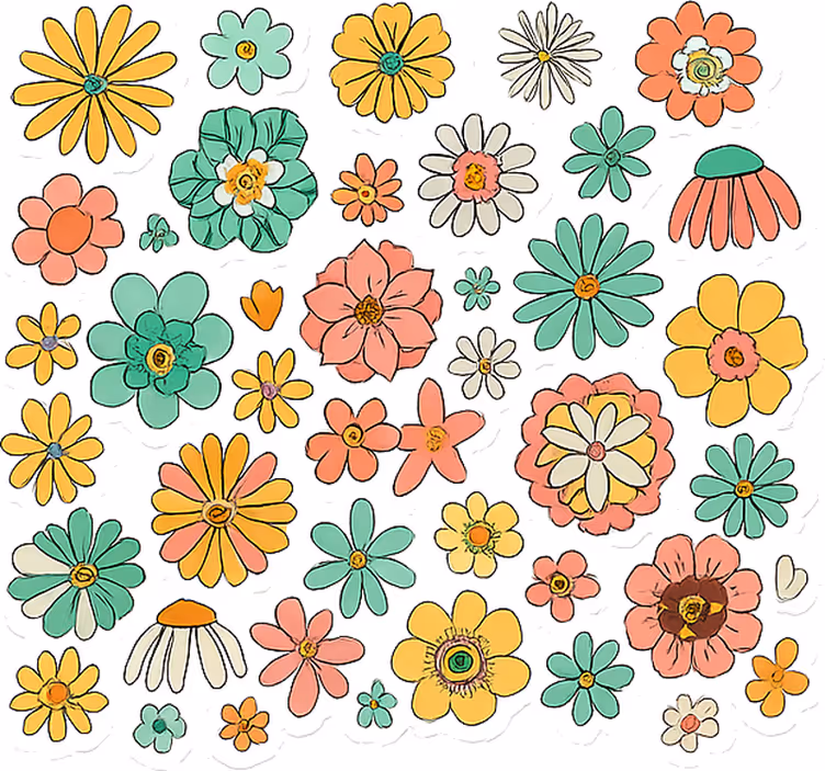 Värikäs retro 70-luvun kukkakokoelma rullaverho - Tenstickers