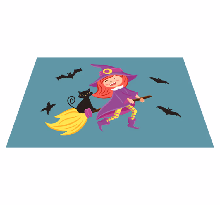 Noita lentää mustan kissan halloween-mattoilla - Tenstickers