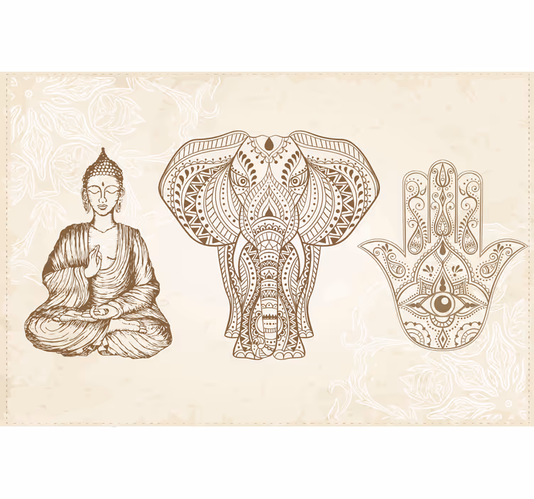Beige valokuvatapetti buddha hamsa-käsi symboli - Tenstickers