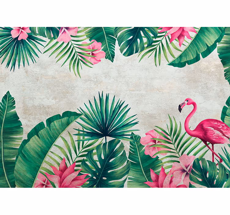 Upea flamingo ja lehdet valokuvatapetti luonto - Tenstickers
