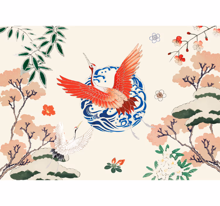 Maalattu aasialainen zen-lintu vintage valokuvatapetti - Tenstickers