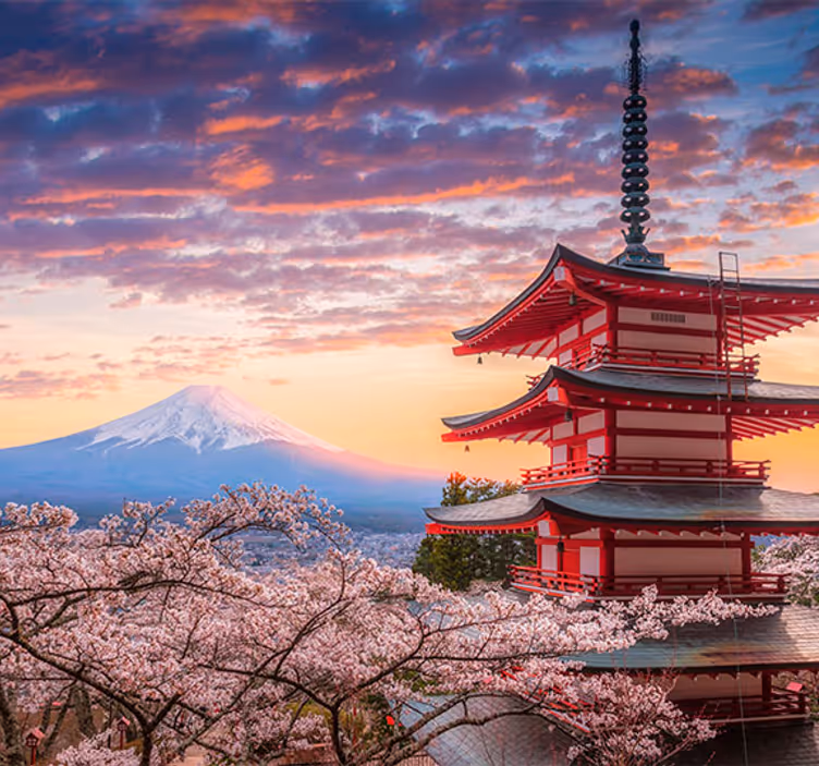 Fuji-vuori ja japanilaiset rakennukset vuori valokuvatapetti - Tenstickers