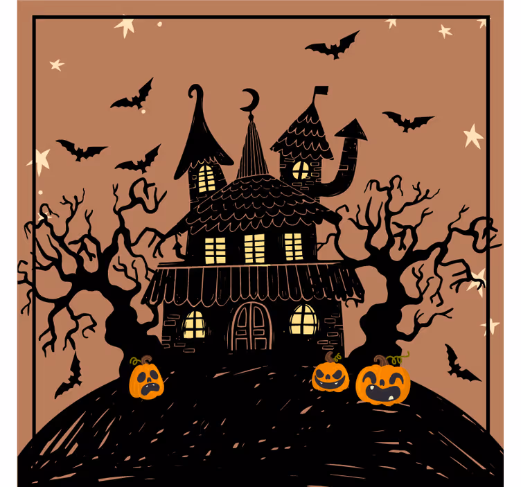 Kummitustalo lepakoilla ja pelottavilla kurpitsilla halloween las - Tenstickers