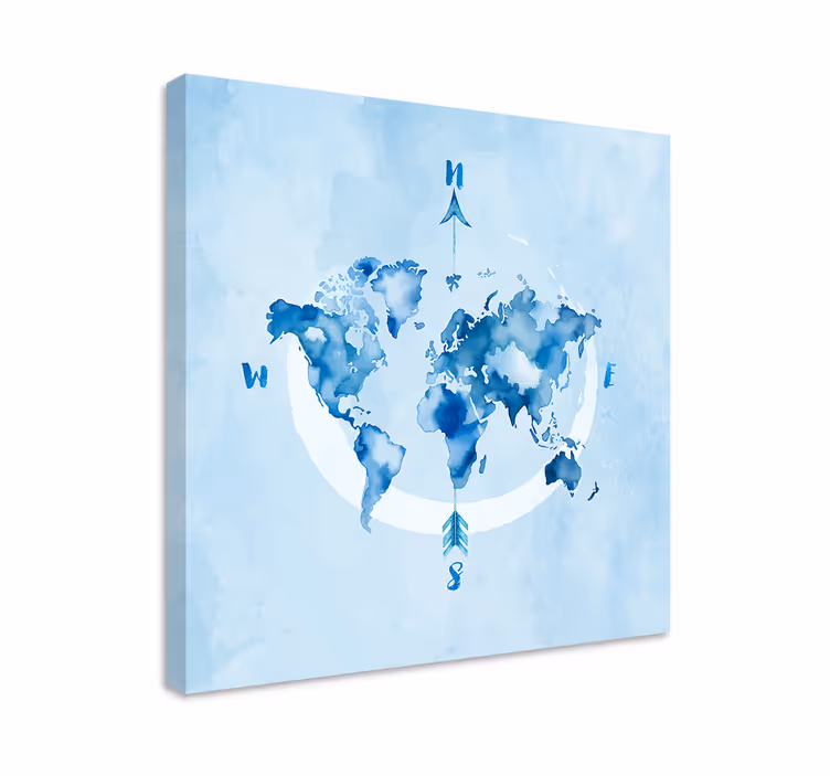 Sininen canvas taulu akvarellimainen sininen maailmankartta - Tenstickers
