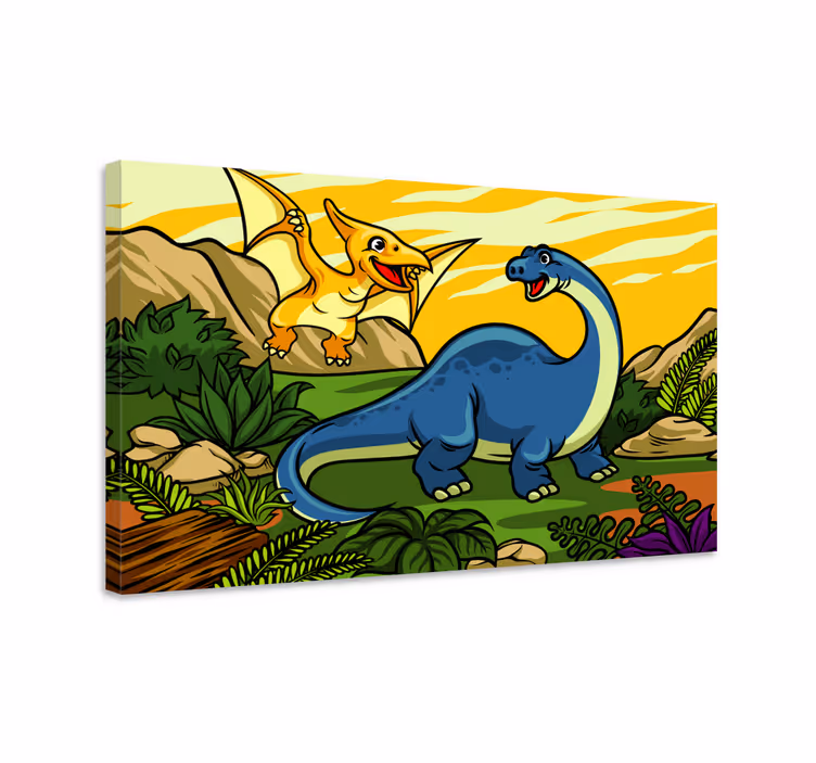 Iloiset dinosaurukset leikkimässä canvas-taulussa - Tenstickers