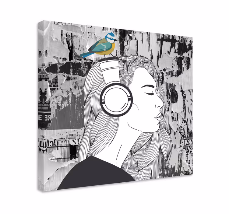 Nainen kuulokkeilla ja lintu taide canvas - Tenstickers