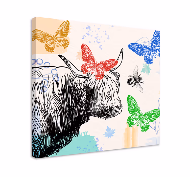 Ylämaan lehmä ja perhoset canvas-taulu - Tenstickers