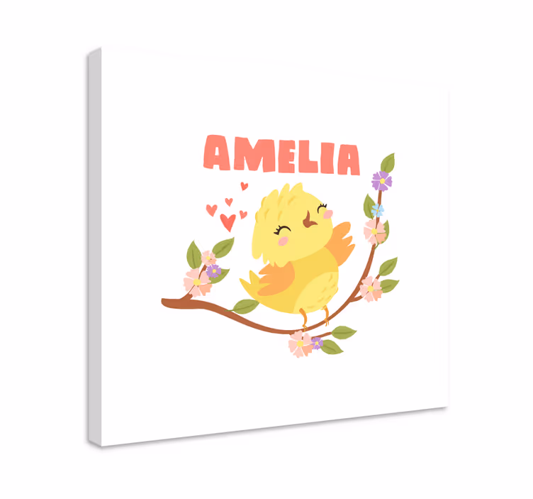 Poikasen poika nimen ja kukkien kanssa lintu canvas - Tenstickers