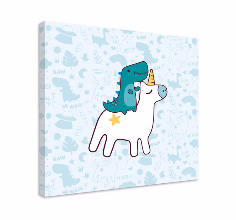 Dinosauruksella ratsastava yksisarvinen canvas taulu - Tenstickers