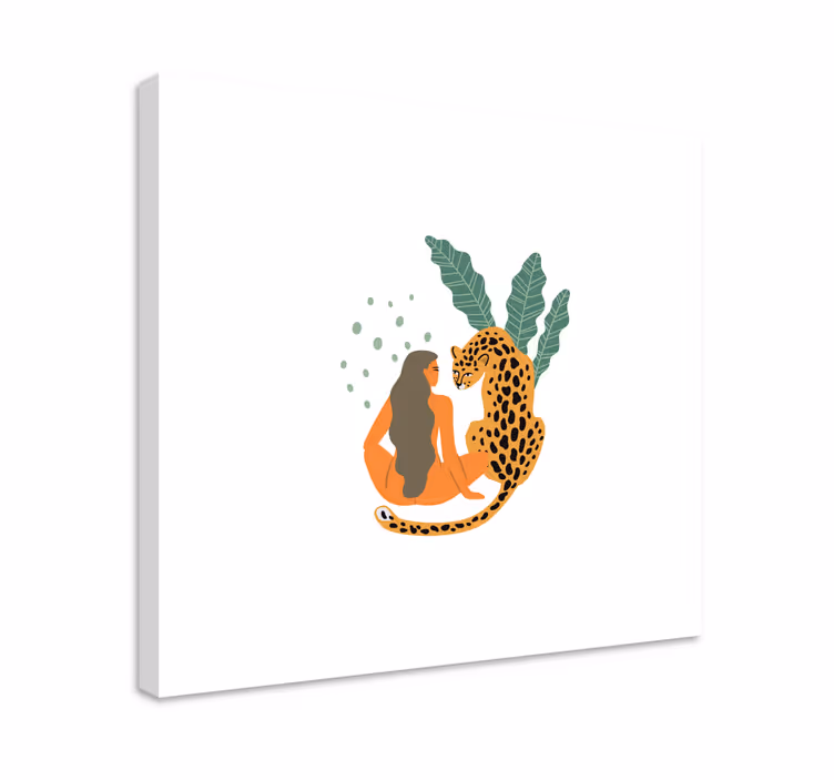 Nainen ja leopardi syleilevät hahmo canvas taulu - Tenstickers