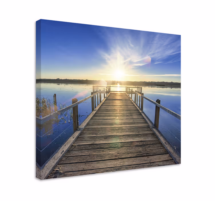 Auringonvaloinen järvenlaituri maisema canvas taulu - Tenstickers