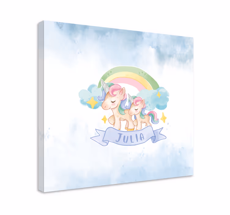 Onnellisia yksisarvisia sateenkaaren yli canvas taulu omasta kuva - Tenstickers