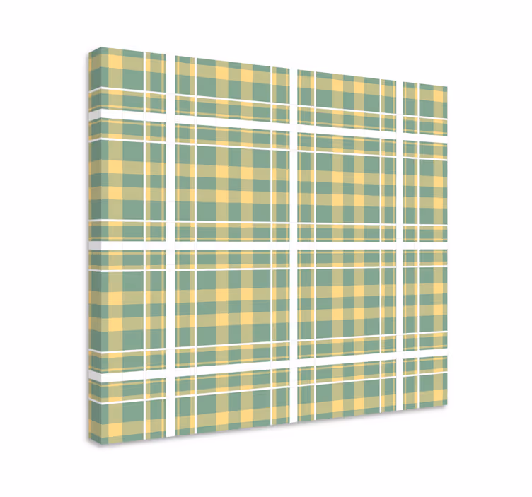 Keltainen, vihreä ja valkoinen gingham -kuvio olohuone canvas - Tenstickers