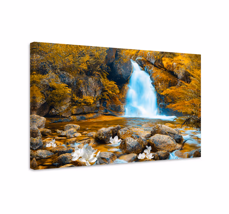 Rauhoittava vesiputousmaisema kukka ja kasvi canvas taulu - Tenstickers