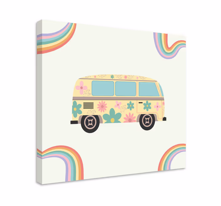 Värikäs bussi koristeltu sateenkaarilla vintage canvas - Tenstickers