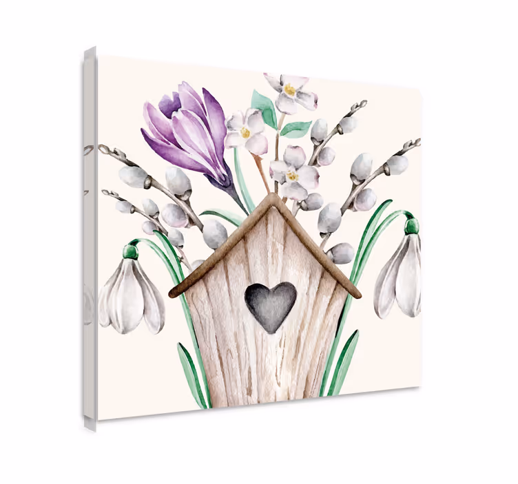 Linnunpönttö kukka-asetelma canvas-taulu - Tenstickers