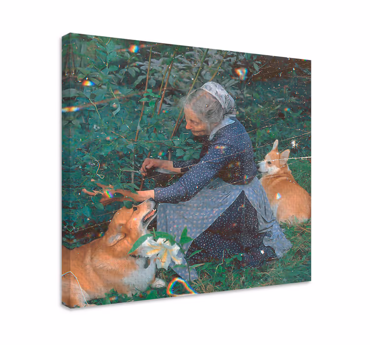 Isoäiti koirien kanssa "cottagecore" canvas taulu kukka - Tenstickers
