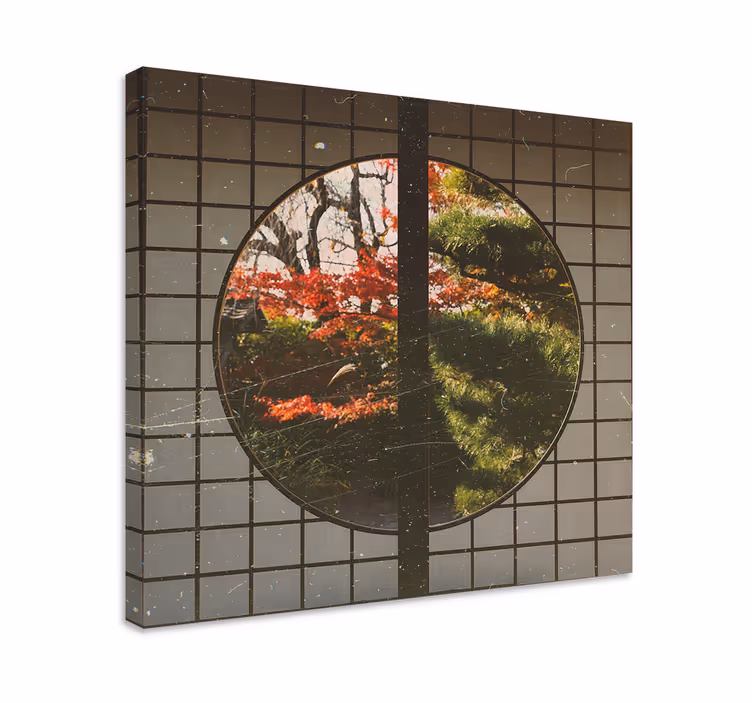 Pyöreän ikkunan mökkinäkymät canvas taulu maisema - Tenstickers
