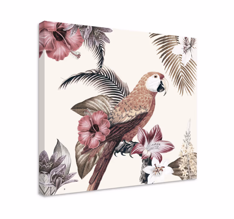 Värikäs papukaija vaaleanpunaisilla kukilla vintage canvas - Tenstickers