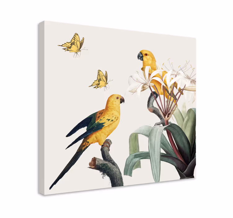 Keltaset papukaijat ja perhoset canvas taulu - Tenstickers