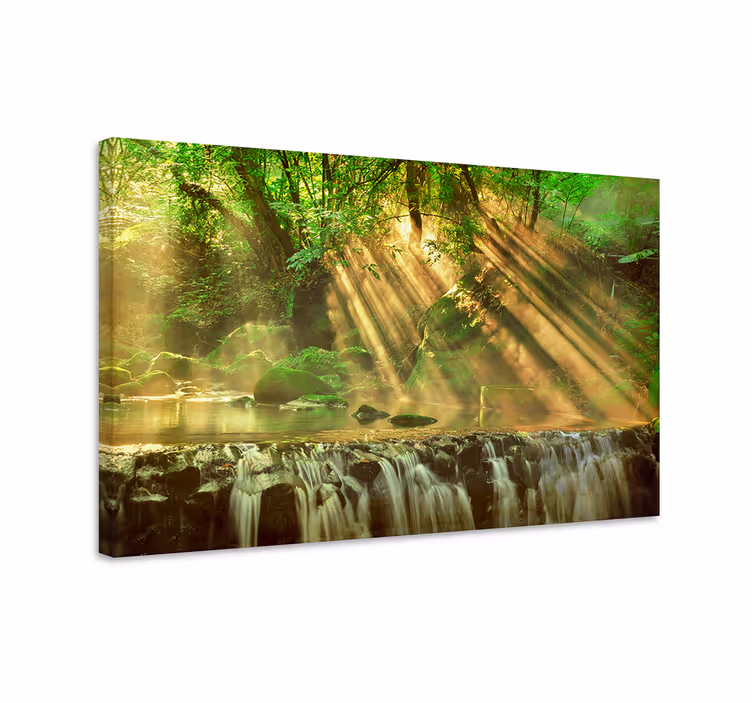 Auringonvalossa hohtava metsäjoki canvas taulu - Tenstickers