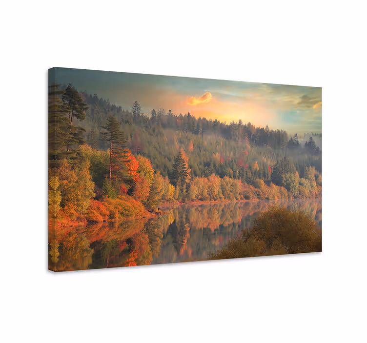 Värikkäitä puita ja rauhallinen järvi canvas taulu maisema - Tenstickers