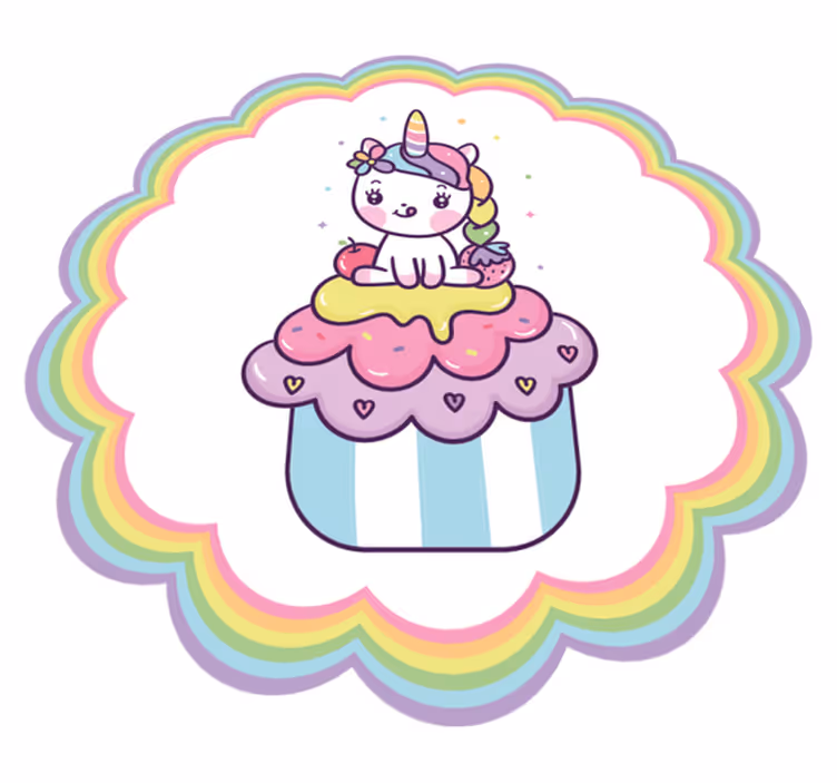 Yksisarvinen istuu isolla cupcake hymyillen Lisää vinyylimattoja  - Tenstickers