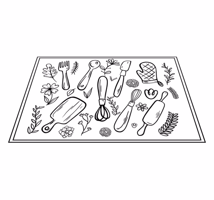 Kukka- ja koriste -design astioineen vinyylimatto keittiöön - Tenstickers