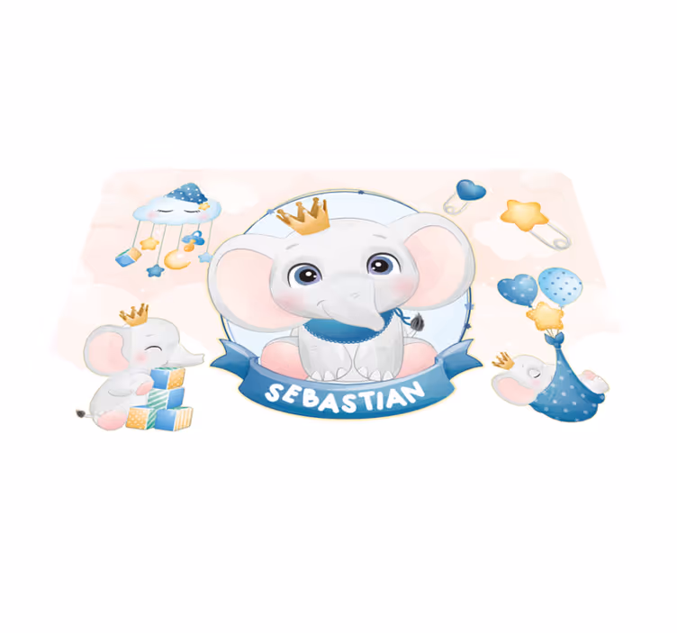 Kruunattu norsu leikkikaveri nimi vinyylimatto - Tenstickers
