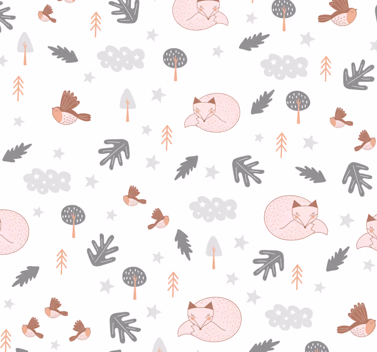 Valkoinen metsä teemalla kettu linnut tapetti lastenhuoneen tapet - Tenstickers