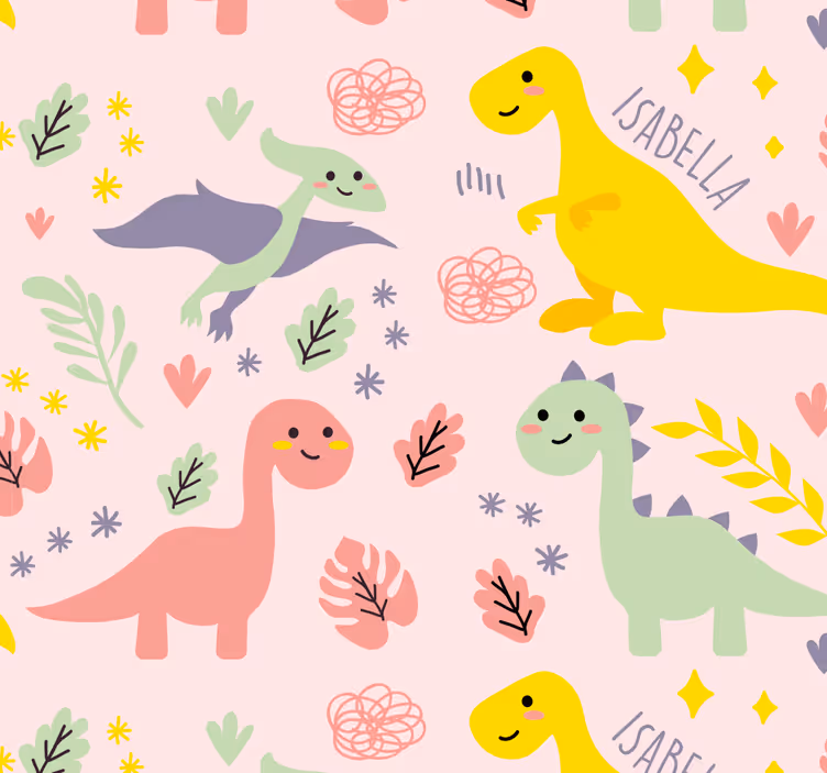 Vihreät dinosaurukset nimillä lastenhuoneen tapetti - Tenstickers