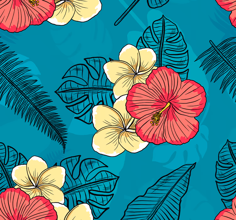 Trooppinen hibiscus-kuvio kukkatapetti - Tenstickers