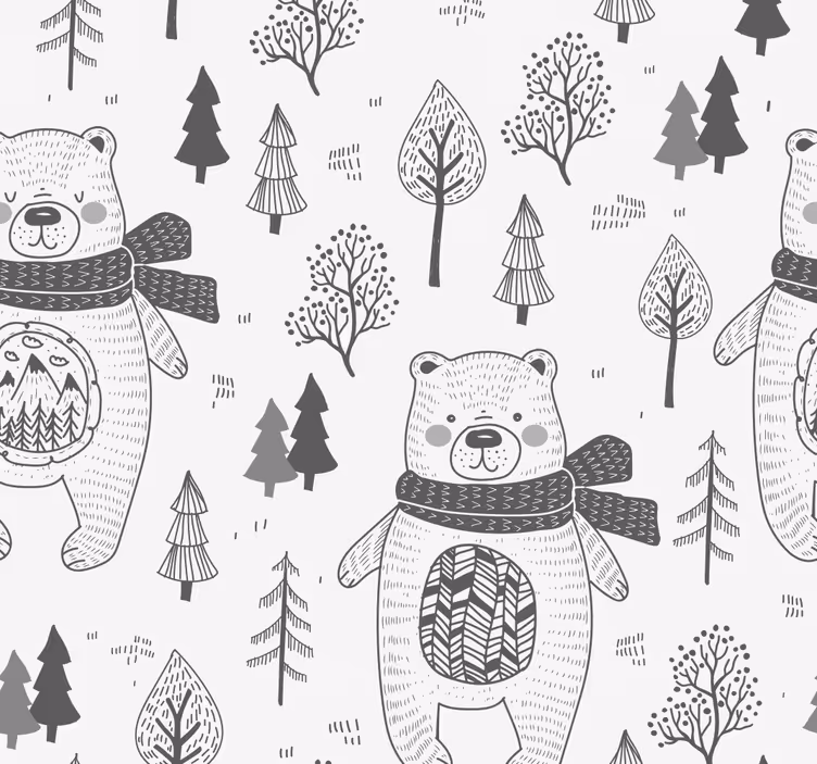 Söpö karhu ja käsin piirretty metsä modernit tapetit - Tenstickers
