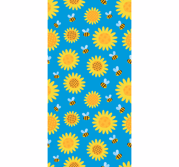 Auringonkukat ja mehiläiset sinisellä kukkatapetti - Tenstickers
