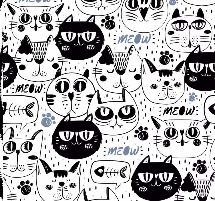 Mustavalkoinen kissa kasvot kuvio lastenhuoneen tapetti - Tenstickers