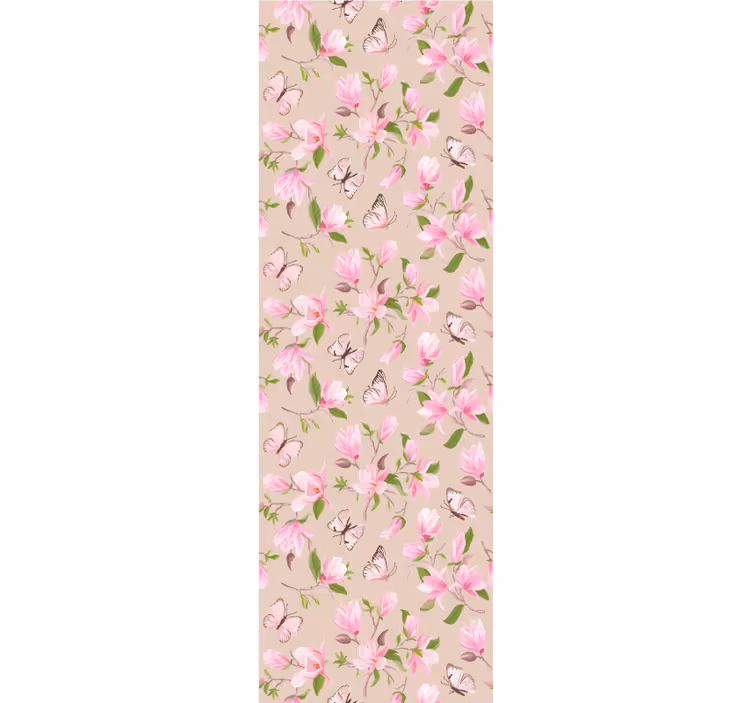 Vaaleanpunainen magnolia ja perhonen design kukkatapetti - Tenstickers
