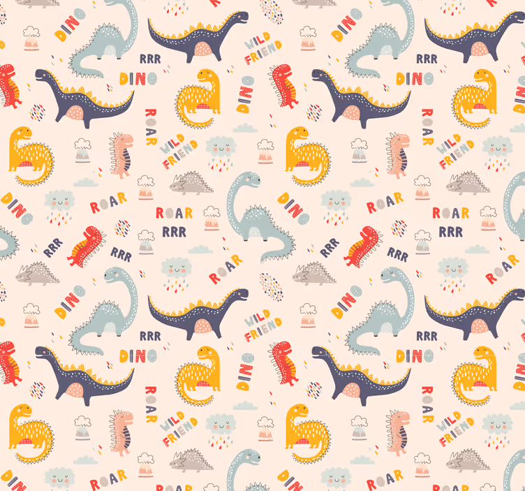 Värikkäitä dinosauruksia nimillä lastenhuoneen tapetti - Tenstickers