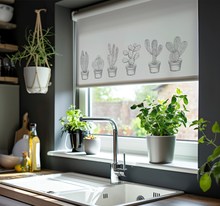 Harmaan sävyjä Kaktuskuvioitu rullaverho - Tenstickers