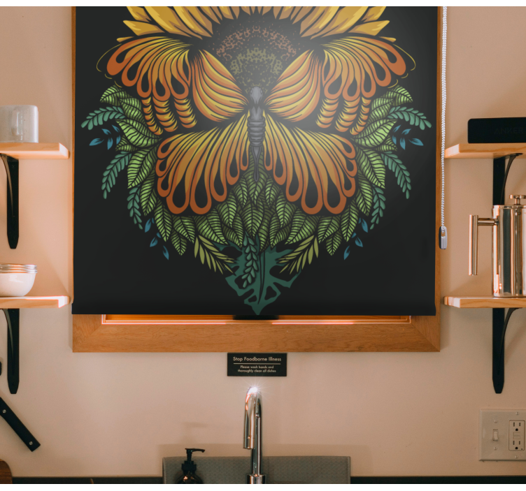 Auringonkukka-aihe perhoskuvioinen rullaverho - Tenstickers