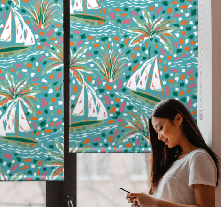 Purjeveneitä ja palmuja kukallinen rullaverho - Tenstickers