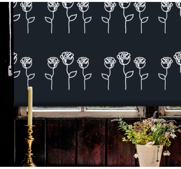 Mustavalkoinen ruusukuvio kukat ja kasvit rullaverho - Tenstickers