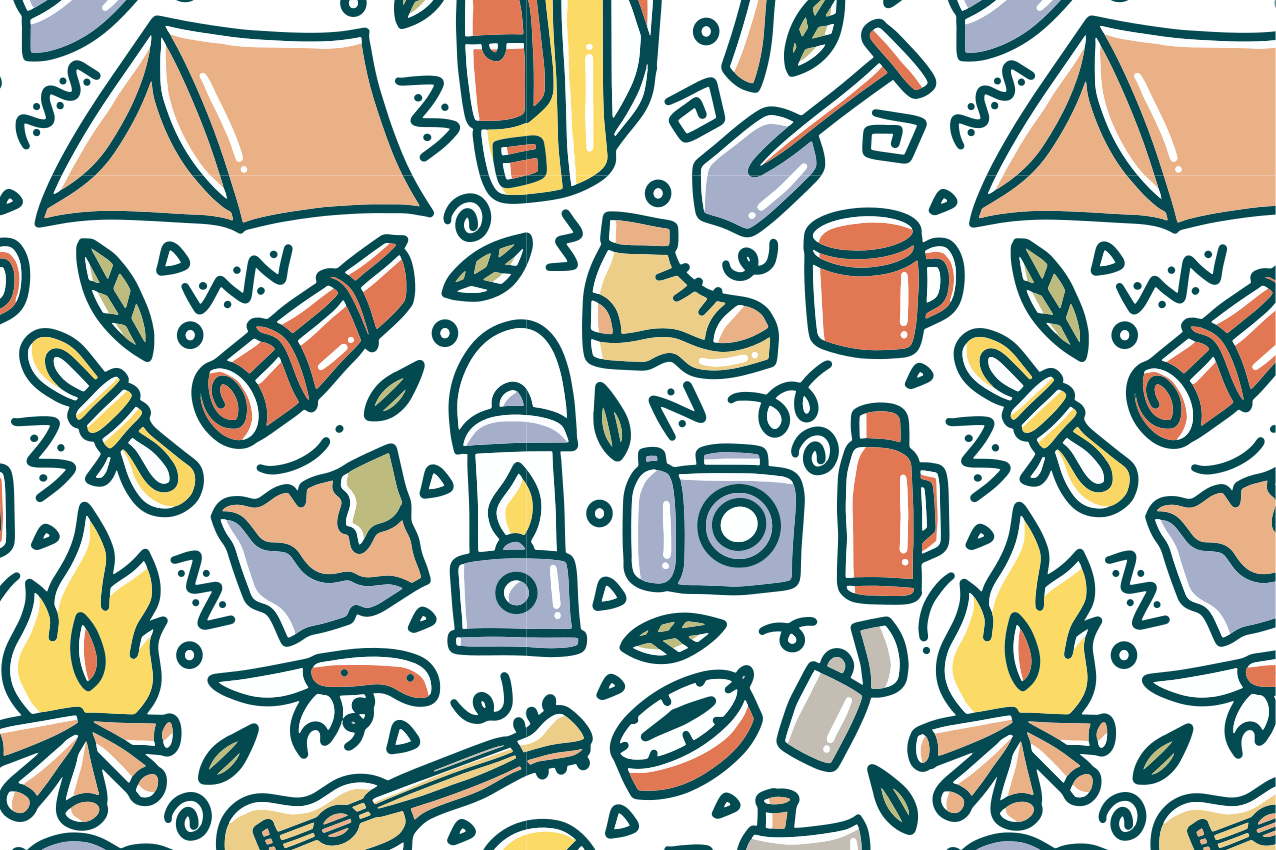 Käsin piirretyt vuoret ja retkeilytavarat lasten pöytätabletti - Tenstickers