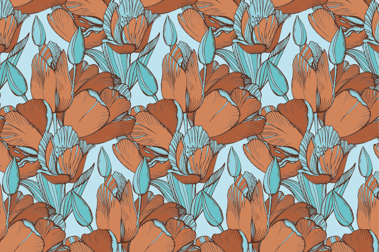 Ruskeat tulppaanit taiteellinen sininen design tyylikäs pöytätabl - Tenstickers