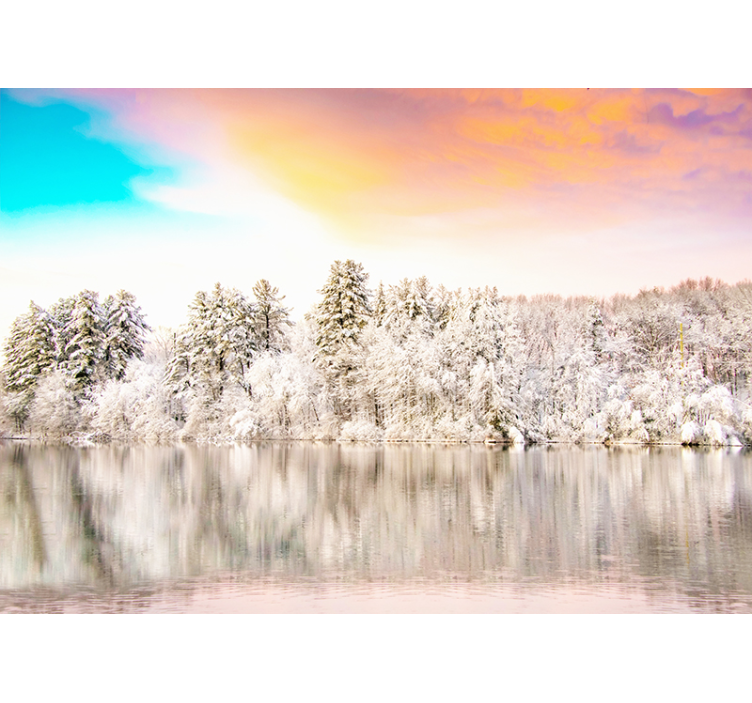 Joki lumella ja vaaleanpunainen taivas taivas valokuvatapetti - Tenstickers
