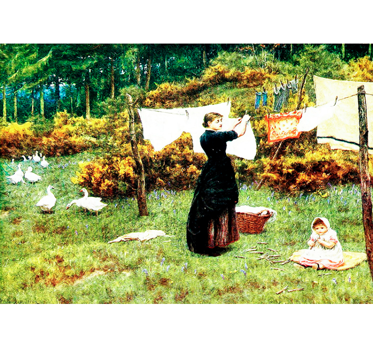 Nainen ripustaa pyykkiä klassinen taide valokuvatapetti - Tenstickers