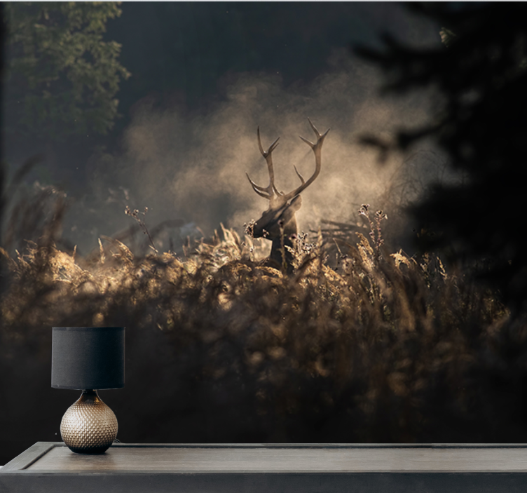 Aamu sumuinen metsä peurojen kanssa valokuvatapetti luonto - Tenstickers