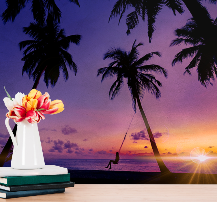 Auringonlasku keinuvat palmupuut luonto valokuvatapetti - Tenstickers