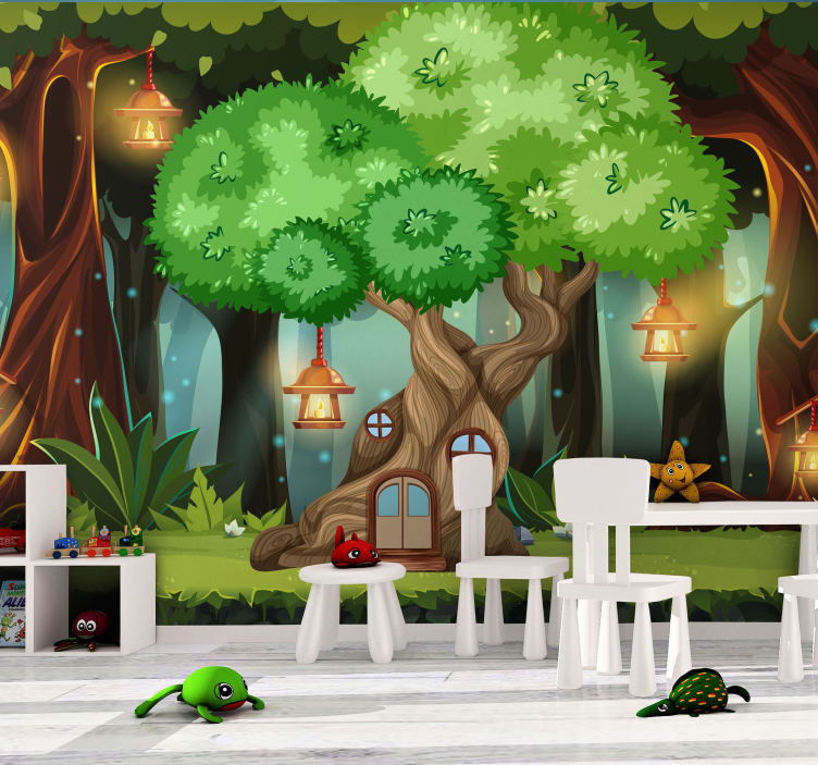 Fantasia puumaja lyhdyillä lasten makuuhuoneen valokuvatapetti - Tenstickers