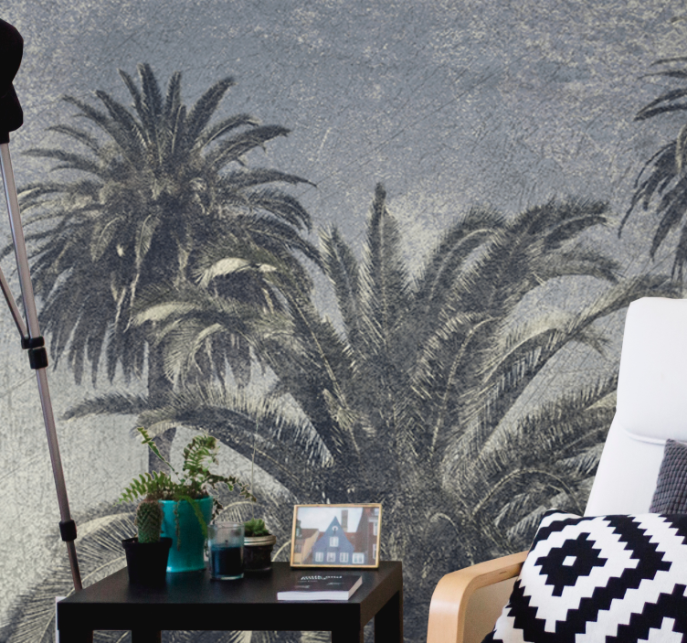 Harmaa piirretty palmuja valokuvatapetti luonto - Tenstickers